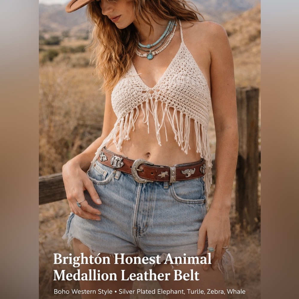 Brighton Honest Animal Medallion Leather Belt Brown Size 28